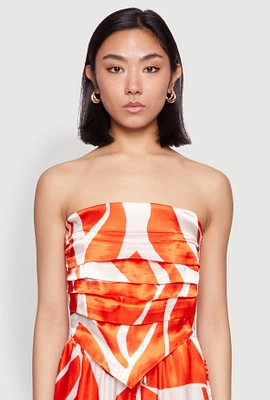 Womens Patterned Satin Strapless Top, Orange, Size S