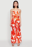 Womens Patterned Satin Strapless Top, Orange, Size S