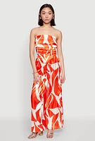 Womens Patterned Satin Strapless Top, Orange, Size S