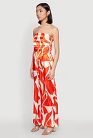 Womens Patterned Satin Strapless Top, Orange, Size S