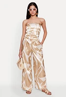 Womens Patterned Satin Palazzo Pants, Khaki, Size M