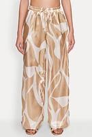 Womens Patterned Satin Palazzo Pants, Khaki, Size M
