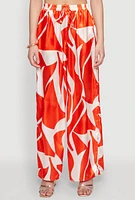 Womens Patterned Satin Palazzo Pants, Orange, Size L