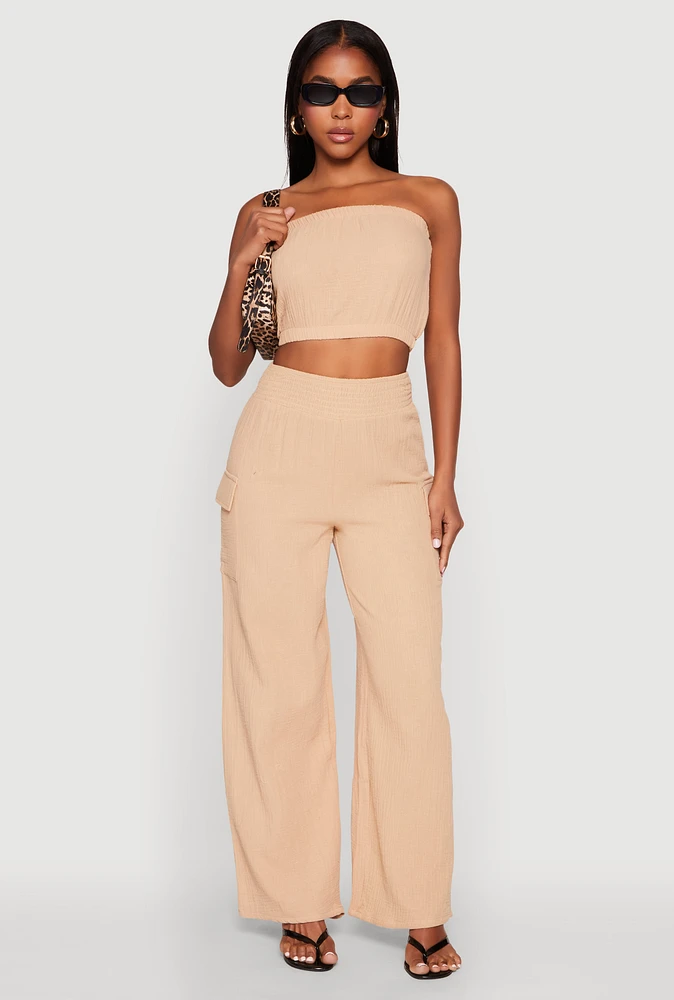 Womens Gauze Knit Cargo Pocket Pants, Khaki, Size XL
