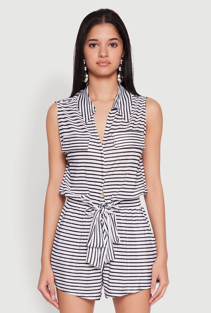 Womens Plisse Printed Pattern Tie Front Shirt, White, Size XL
