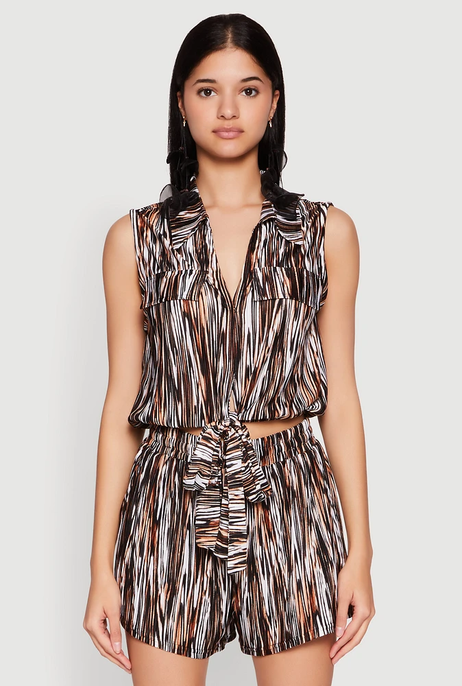 Womens Plisse Printed Pattern Tie Front Shirt, Brown, Size L
