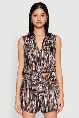 Womens Plisse Printed Pattern Tie Front Shirt, Brown, Size L
