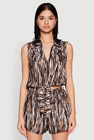 Womens Plisse Printed Pattern Tie Front Shirt, Brown, Size L