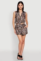 Womens Plisse Printed Pattern Tie Front Shirt, Brown, Size L