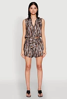 Womens Plisse Printed Pattern Tie Front Shirt, Brown, Size XL