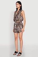 Womens Plisse Printed Pattern Tie Front Shirt, Brown, Size L