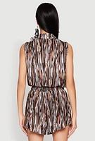 Womens Plisse Printed Pattern Tie Front Shirt, Brown, Size L
