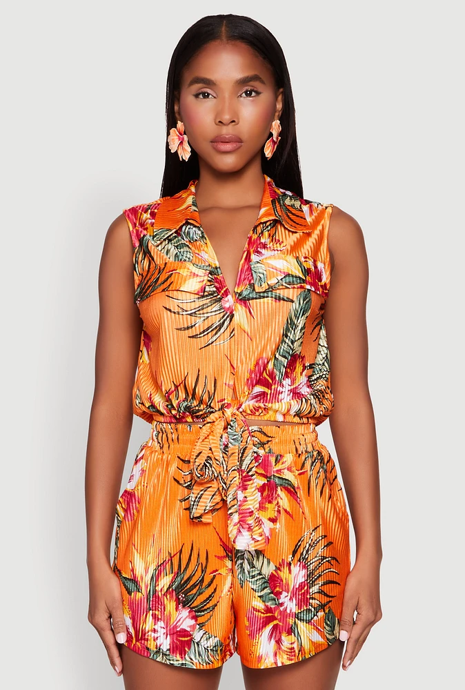 Womens Plisse Printed Pattern Tie Front Shirt, Orange, Size M