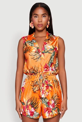 Womens Plisse Printed Pattern Tie Front Shirt, Orange, Size M