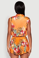 Womens Plisse Printed Pattern Tie Front Shirt, Orange, Size M