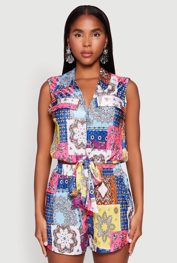 Womens Plisse Printed Pattern Tie Front Shirt,