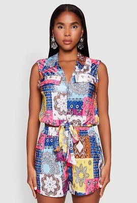 Womens Plisse Printed Pattern Tie Front Shirt,