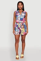 Womens Plisse Printed Pattern Tie Front Shirt,