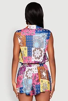 Womens Plisse Printed Pattern Tie Front Shirt,