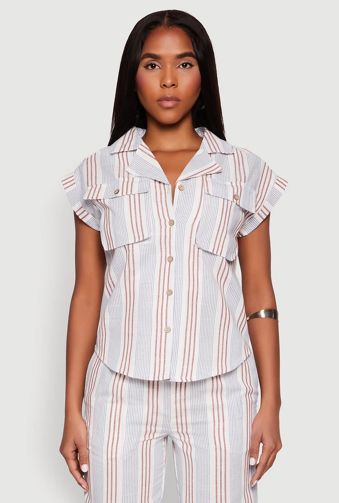 Womens Striped Cap Sleeve Shirt, Multi, Size L