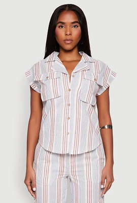 Womens Striped Cap Sleeve Shirt, Multi, Size L