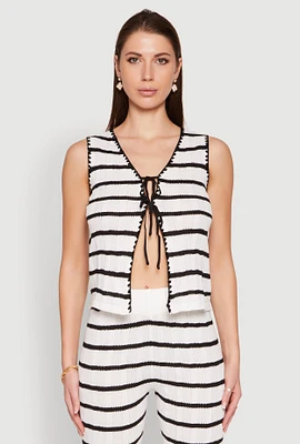 Womens Striped Crochet Knit Tie Front Top, White, Size M