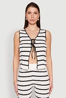 Womens Striped Crochet Knit Tie Front Top, White, Size M