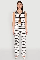 Womens Striped Crochet Knit Tie Front Top, White, Size M