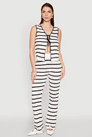 Womens Striped Crochet Knit Tie Front Top, White, Size M
