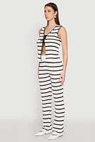 Womens Striped Crochet Knit Tie Front Top, White, Size M