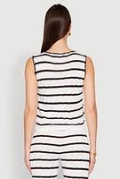 Womens Striped Crochet Knit Tie Front Top, White, Size M