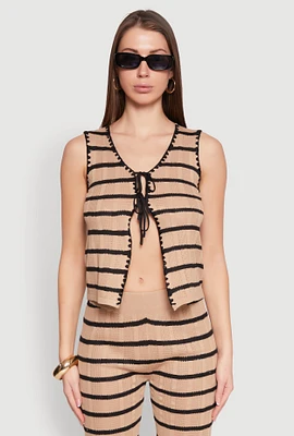 Womens Striped Crochet Knit Tie Front Top, Brown, Size L