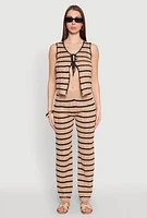 Womens Striped Crochet Knit Tie Front Top, Brown, Size L