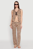 Womens Striped Crochet Knit Tie Front Top, Brown, Size L