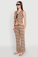 Womens Striped Crochet Knit Tie Front Top, Brown, Size L