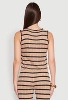 Womens Striped Crochet Knit Tie Front Top, Brown, Size L
