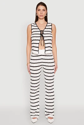 Womens High Waisted Striped Crochet Pants, White, Size S