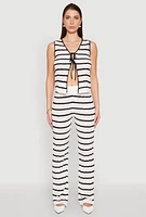 Womens High Waisted Striped Crochet Pants, White,
