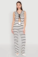 Womens High Waisted Striped Crochet Pants, White,