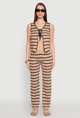 Womens High Waisted Striped Crochet Pants, Khaki,