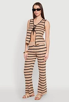 Womens High Waisted Striped Crochet Pants, Khaki, Size S