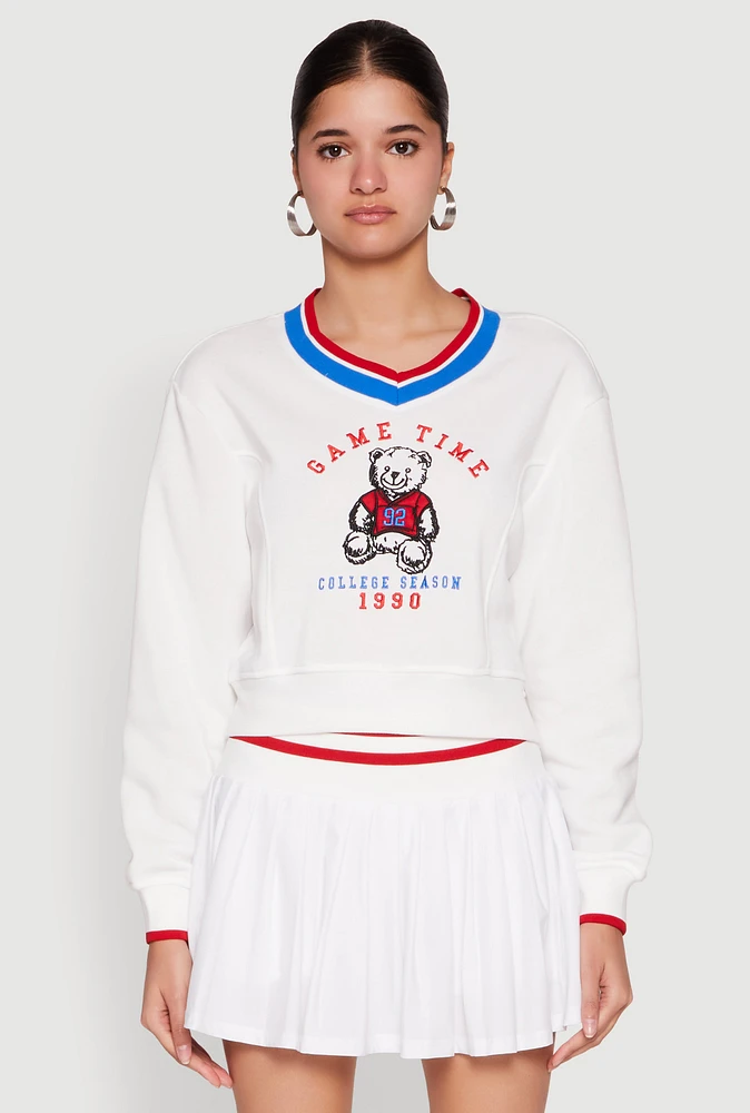 Womens V Neck Graphic Varsity Sweatshirt, White, Size S