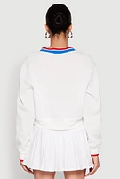 Womens V Neck Graphic Varsity Sweatshirt, White, Size M