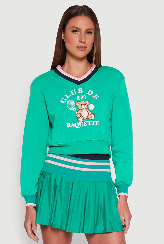 Womens V Neck Graphic Varsity Sweatshirt, Green,