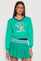 Womens V Neck Graphic Varsity Sweatshirt, Green,