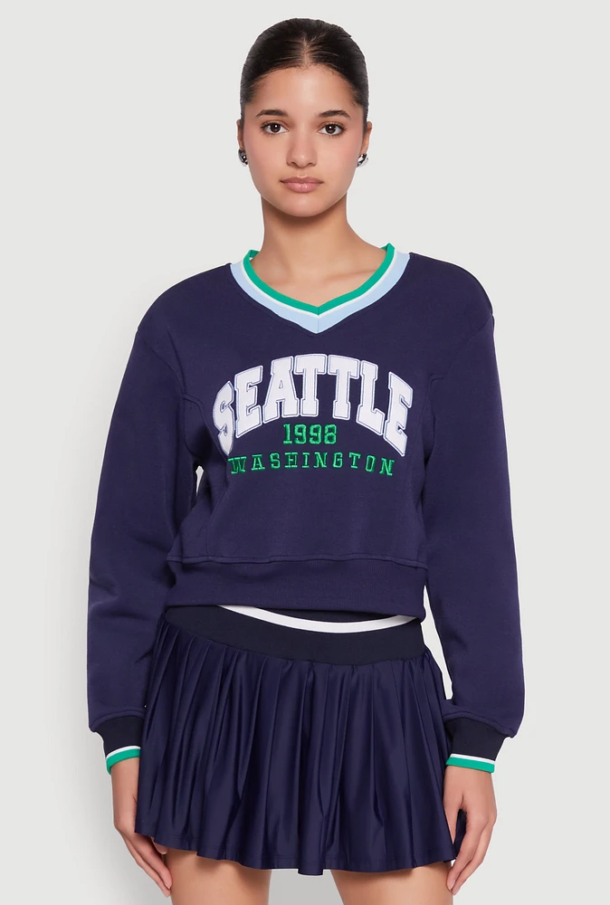 Womens Graphic V Neck Varsity Sweatshirt, Blue, Size L
