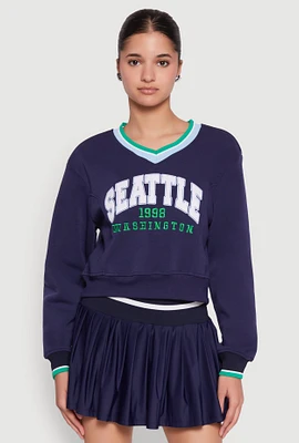 Womens Graphic V Neck Varsity Sweatshirt, Blue, Size L