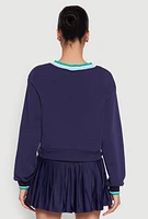 Womens Graphic V Neck Varsity Sweatshirt, Blue, Size L