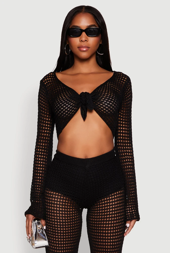 Womens Crochet Tie Front Crop Top, S