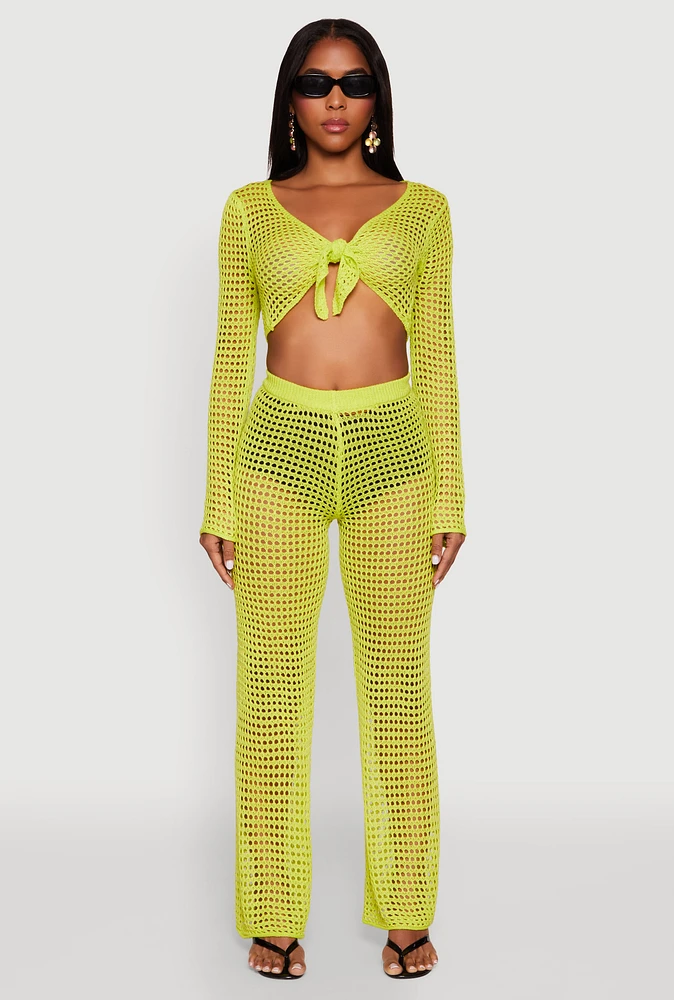 Womens Crochet Straight Leg Pants, Green,